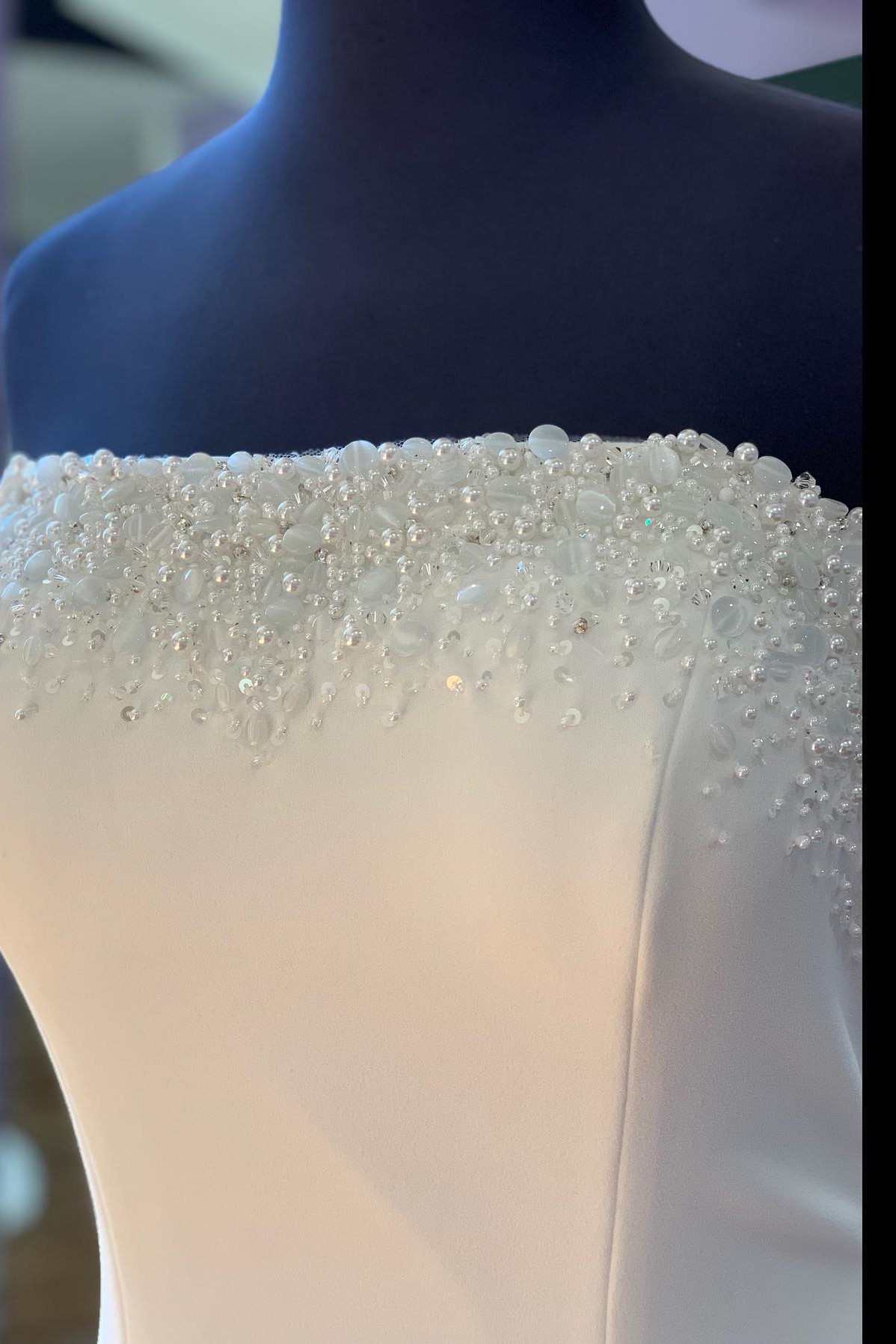 White Beaded Satin Strapless Mermaid Long Wedding Dress