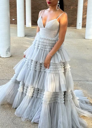Amanda| A-Line Spaghetti Straps Long Tiered Tulle Prom Dress With Split
