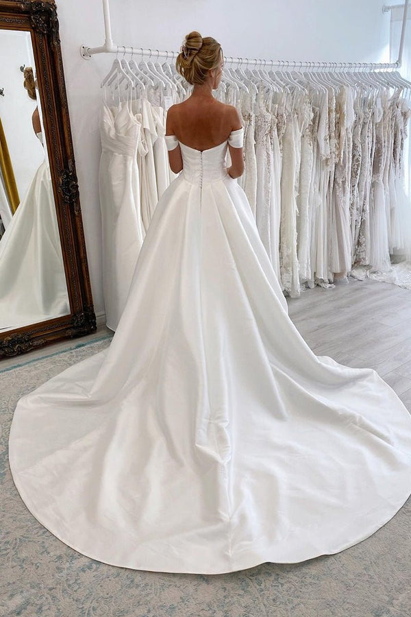 Classy Elegant A Line Off The Shoulder White Satin Long Wedding Dress Brides Dress DP653