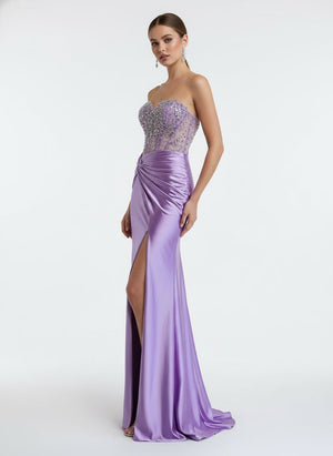 Eirene | Purple Sweetheart Mermaid Satin Long Prom Dress with Beading - KissProm