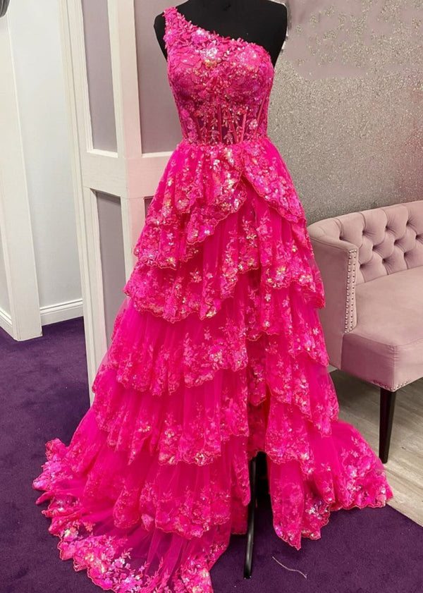KissProm-Livia Fuchsia Sheath One Shoulder Tiered Lace Long Prom Dress