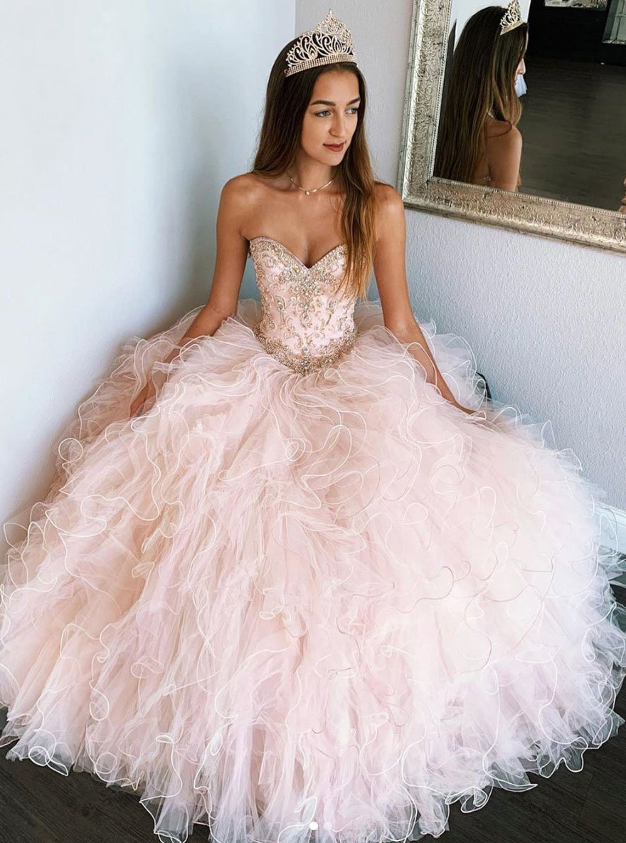 Quinceanera Dress Pink Sweetheart Sleeveless Tulle Prom Dresses Sweet Dresses