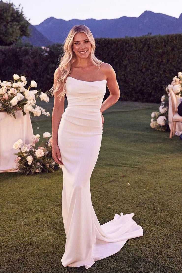 Luxe Mermaid Strapless Ruched-Satin Blush Floor-Length Train Evening Dress for Women main image 0