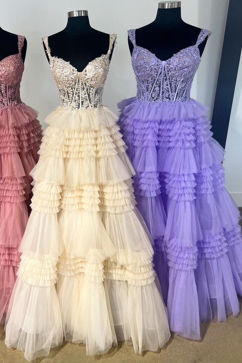 Elina | Red Tulle Off-the-Shoulder Ruffle Tiered Long Prom Dress