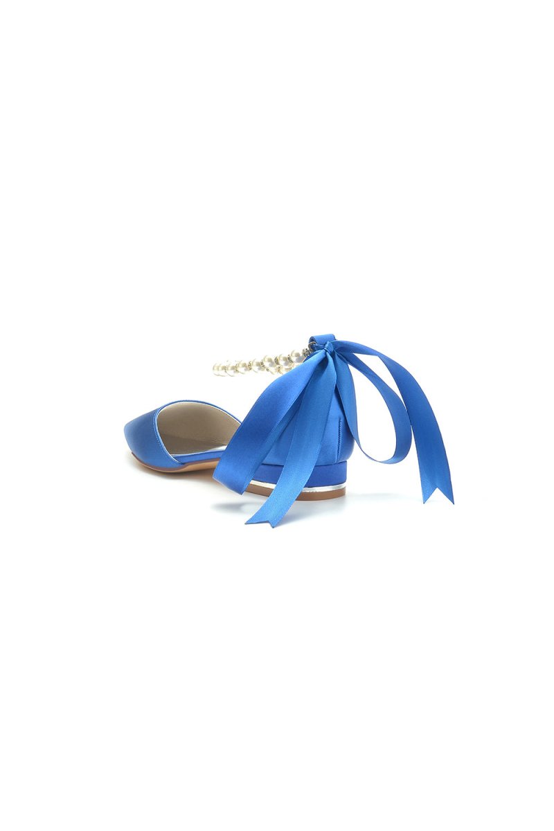 Pearl Ribbon Pointed Toe Ankle Strap Kitten Heels - KissProm