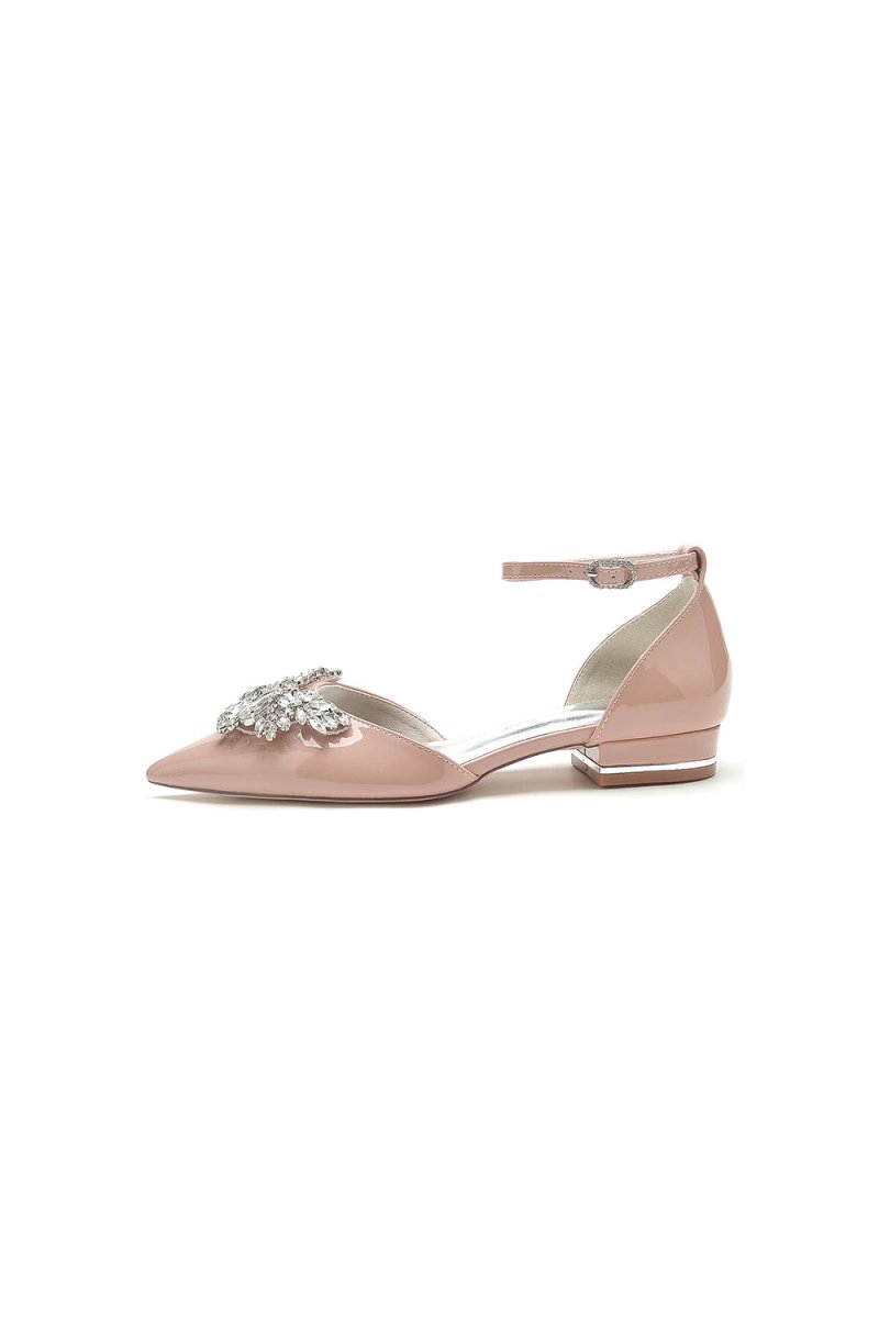 Pointed Toe Patent Leather Flats with Crystal Embellishment - KissProm