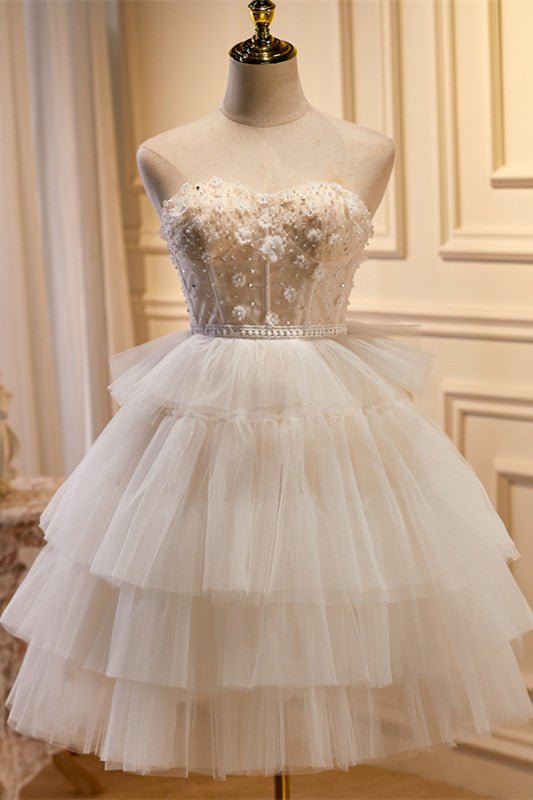 Beautiful White one Shoulder Tulle Pearls A Line Homecoming Dress Birthday Outfits main image 1