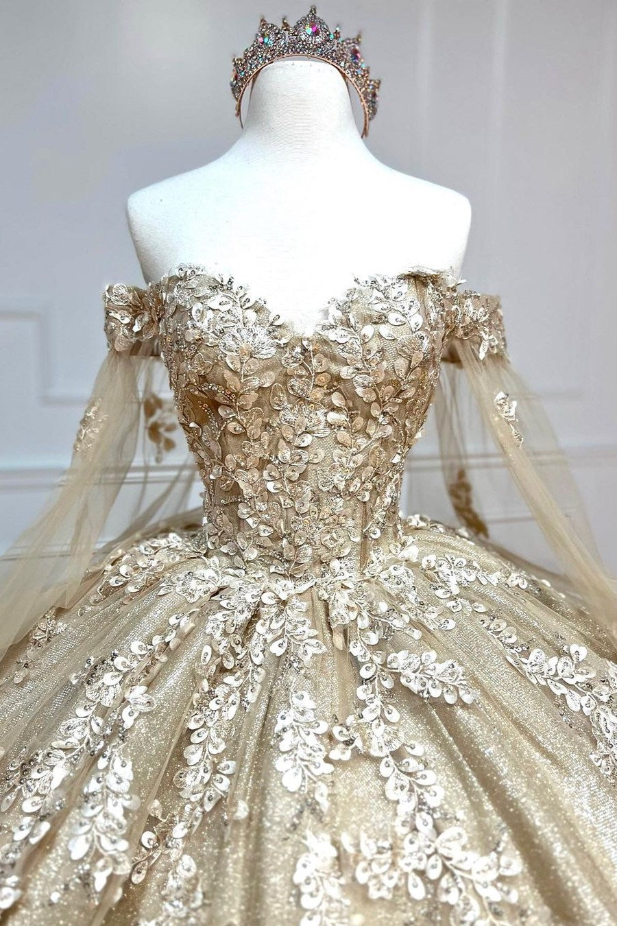Alejandra | Glamorous Gold Sweetheart Ball Gown with Cape Sleeves