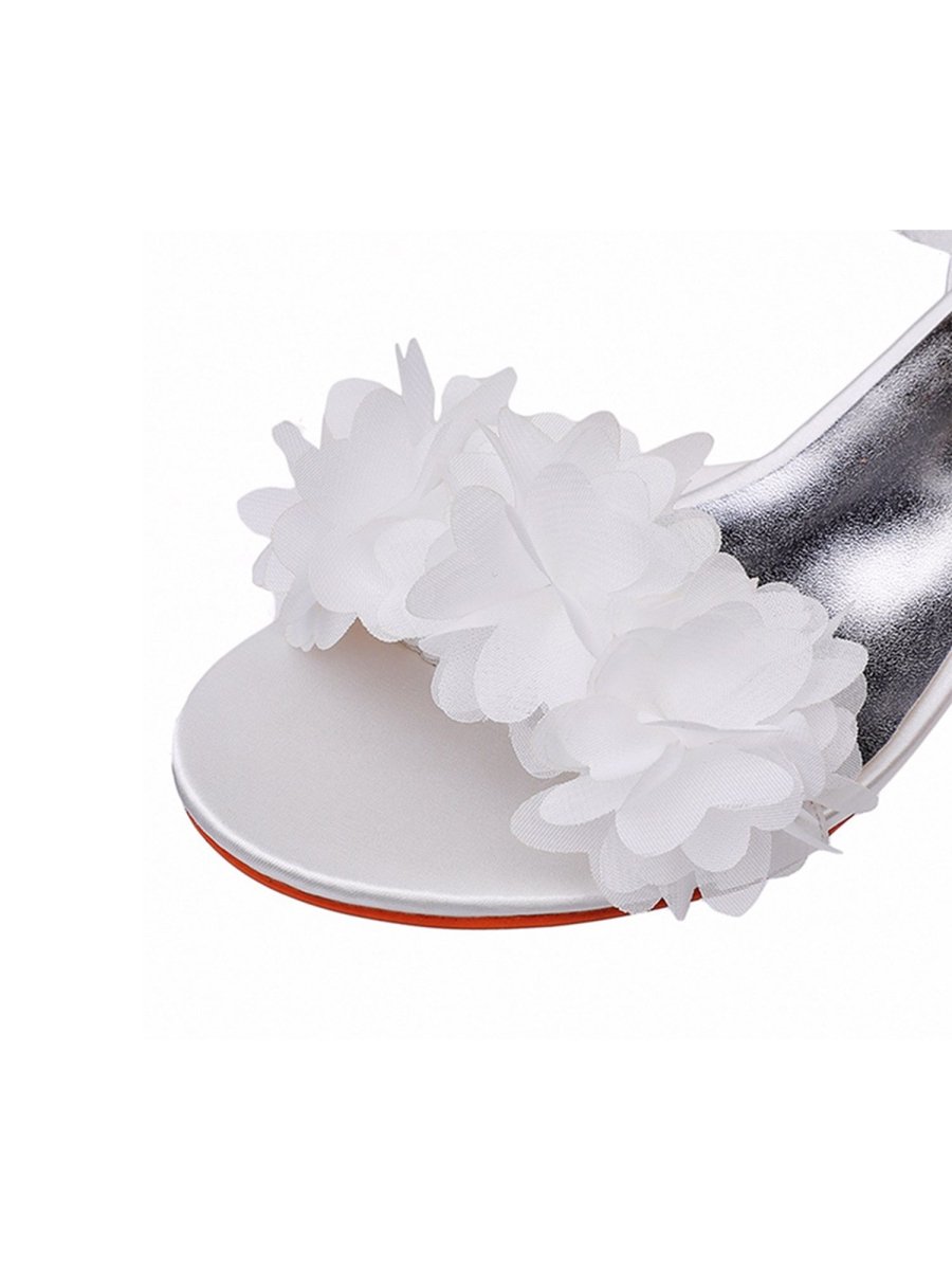 White Floral Satin Open Toe Low Chunky Heels - KissProm
