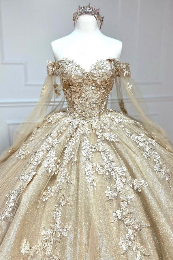 Alejandra | Glamorous Gold Sweetheart Quinceanera Dress with Cape Sleeves