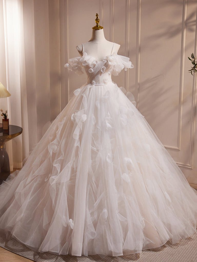 A-Line Off Shoulder White Long Prom Dress, White Long Tulle Sweet Dress