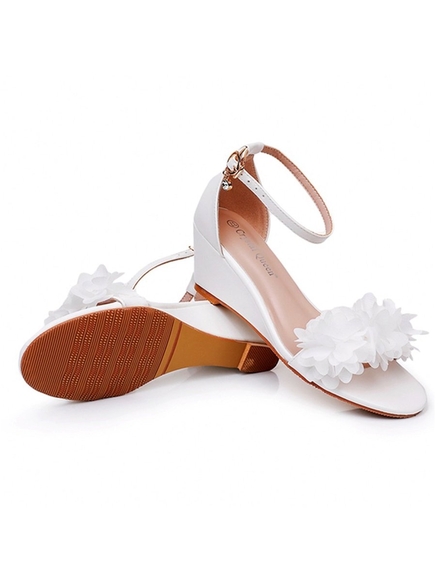 White Floral Open Toe Ankle - Strap Beach Sandals - KissProm