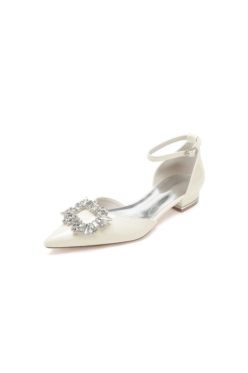 Pointed Toe Patent Leather Flats with Crystal Embellishment - KissProm