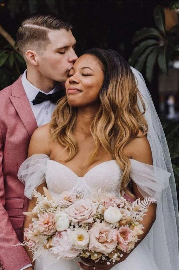 long puff sleeve wedding dress Boho A-Line Wedding Dresses Detachable Long Puff Sleeve, Diamond White / 20