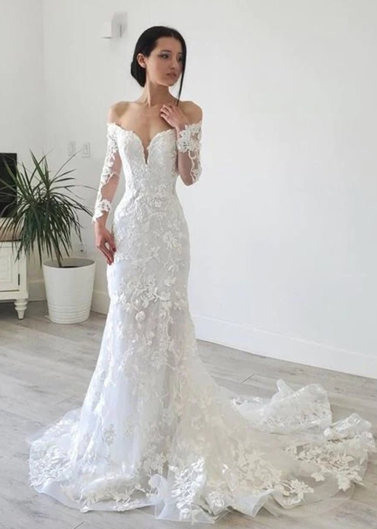 Elegant Mermaid Long Sleeve Off the Shoulder Lace Wedding Dress, Diamond White / 16
