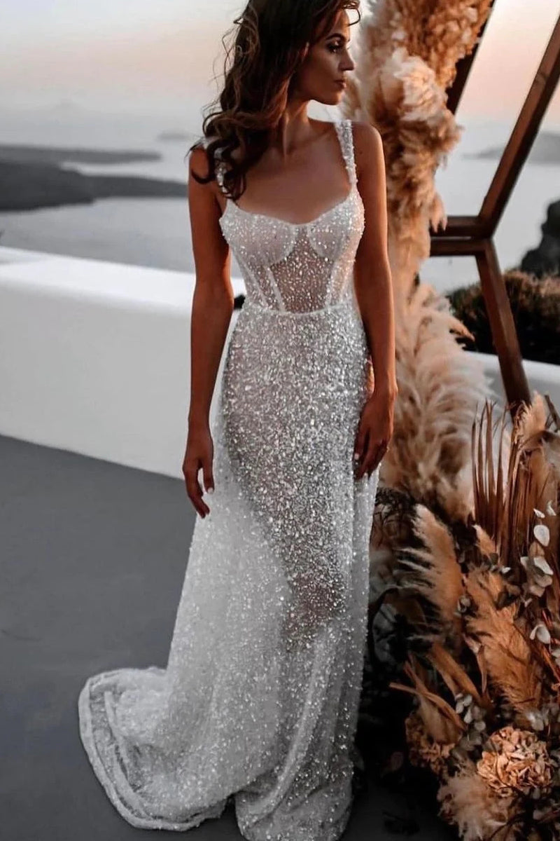 Sparkly A Line Sweetheart Sequins Wedding Dresses