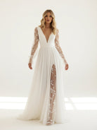 Long Sleeve Boho Flowy Wedding Dress Lace A-Line V-Neck Beach Gown with Split Front and Sweep Train