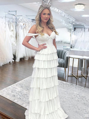 Verve | A Line V Neck Satin Tiered Long Prom Dresses With Beads - KissProm