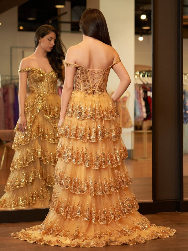 Gold Princess A Line Off the Shoulder Corset Prom Dress with Lace Ruffles - KissProm