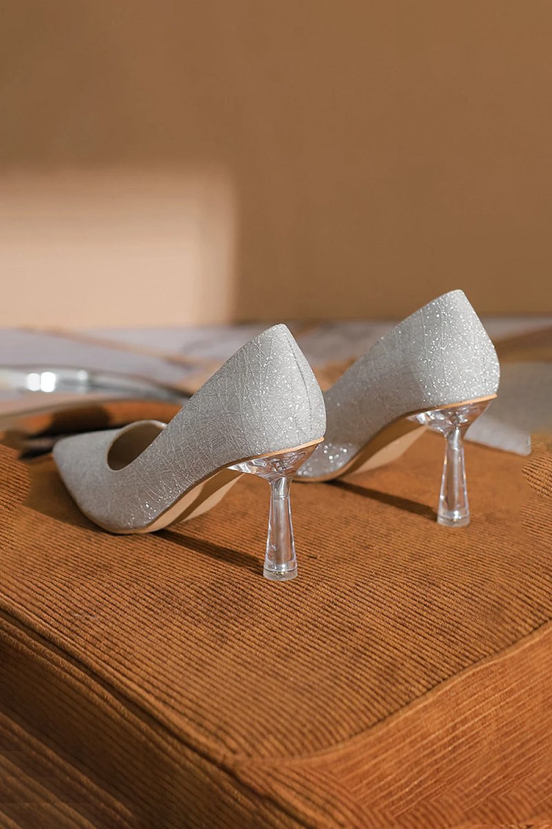 Office Shoes Microfiber Leather Close Toe Stiletto Heel With Sparkling Glitter - KissProm