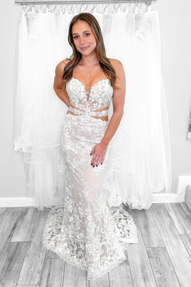 Lace White Strapless Appliques Mermaid Long Wedding Dress