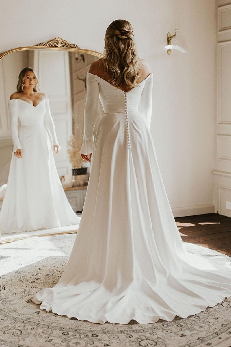Simple A-Line Off the Shoulder Long Sleeves White Satin Wedding Dresse Simple A-Line Off the Shoulder Long Sleeves White Satin Wedding Dresse