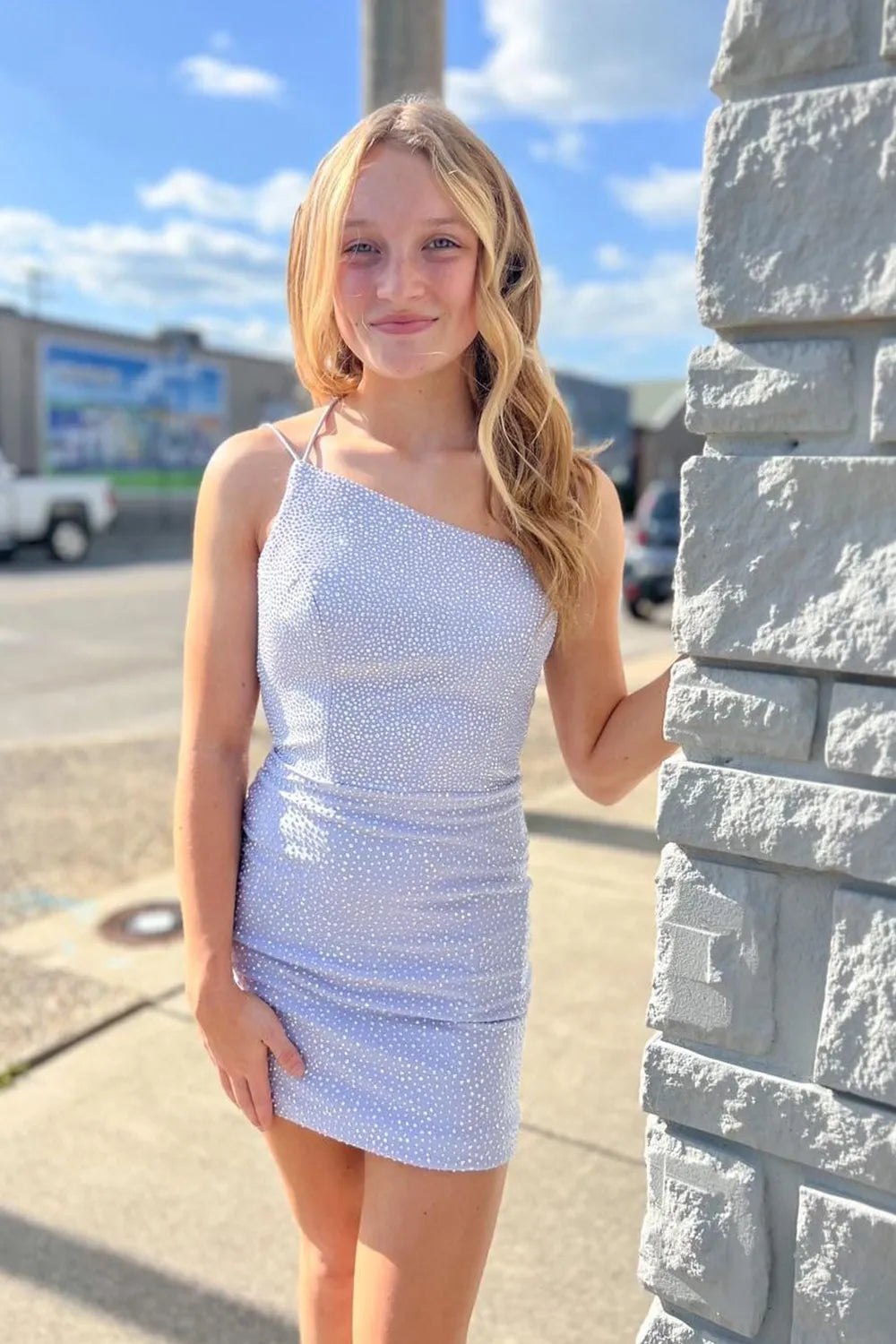 Aurielle | Sheath One Shoulder Lace Up Tight Beaded Homecoming Dress