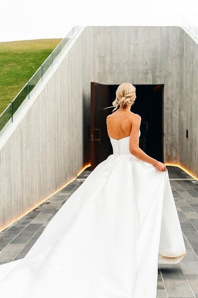 A-Line V Neck Satin Wedding Dresses with Detachable Straps, Diamond White / 22 A-Line V Neck Satin Wedding Dresses with Detachable Straps, Diamond White / 22