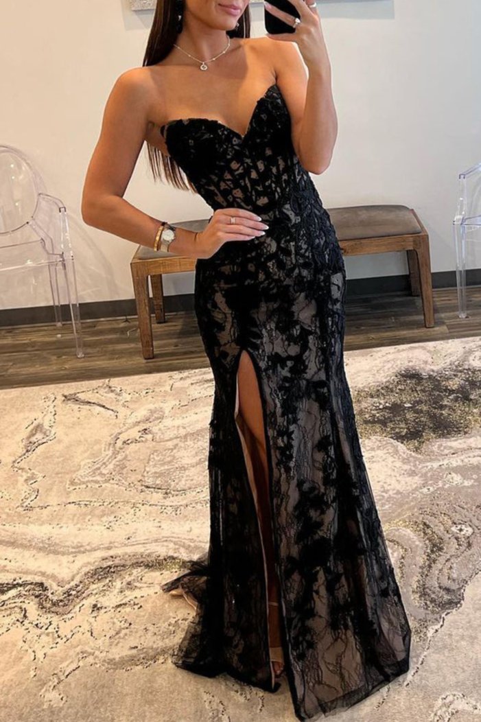 knee length dresses for ladies Jessica Alba 2025 Vanity Fair Party Black Lace Strapless Gown main image 0