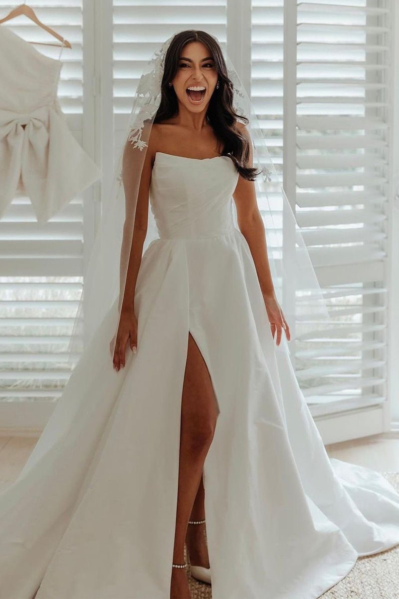A-Line White Satin Strapless Wedding Dresses with Slit, Diamond White / Custom Size