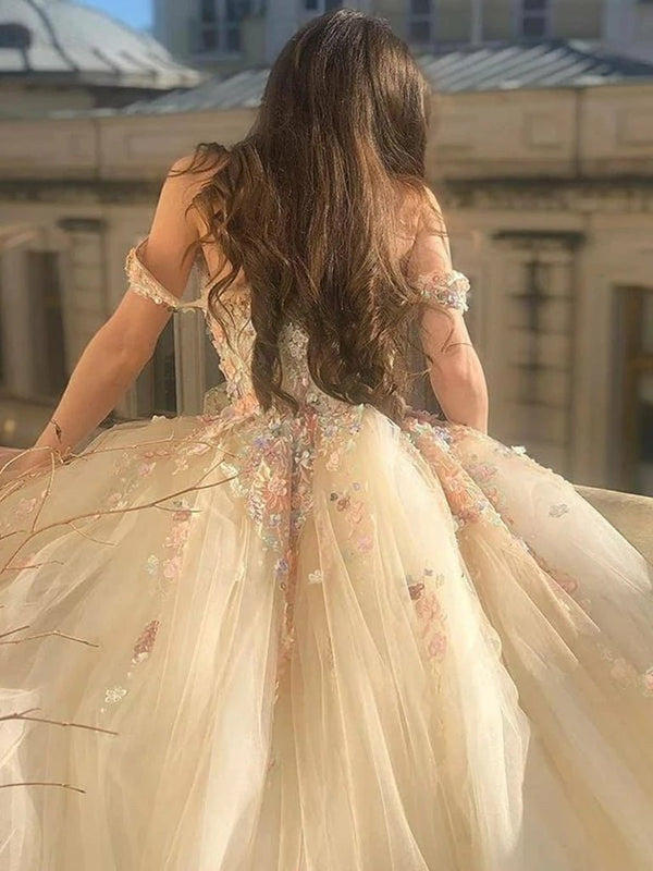 champagne 15 dress Off Shoulder Long Champagne Lace Champagne Quinceanera Dresses, Champagne / 12