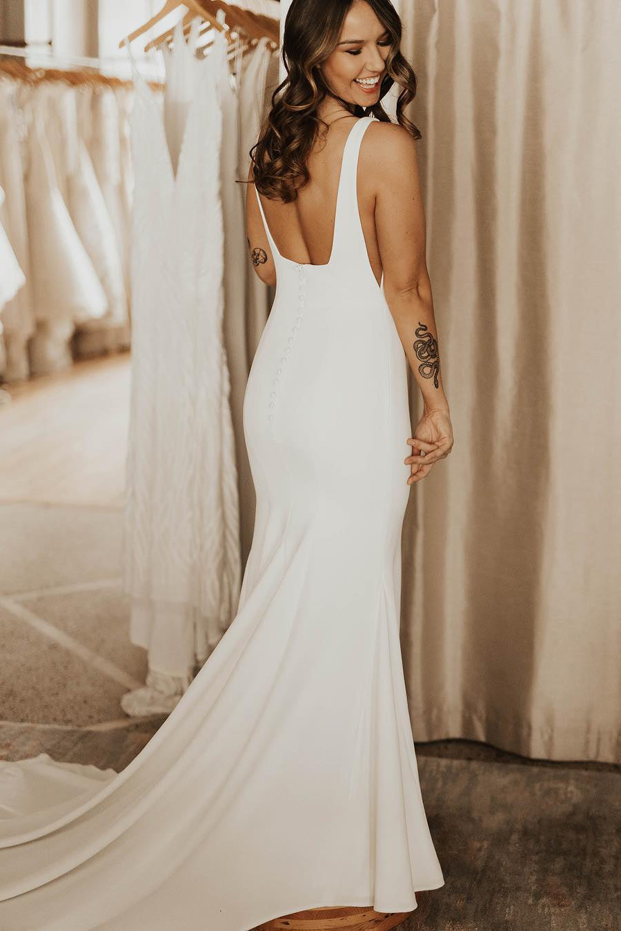 Miley | Long Square Neck Mermaid White Bridal Dress