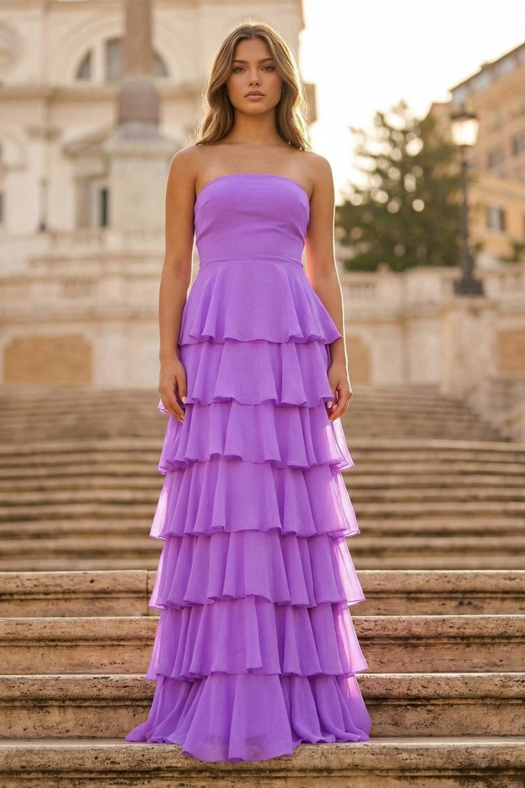 KissProm Purple Strapless A Line Chiffon Long Prom Dress With Ruffles, Purple / 2