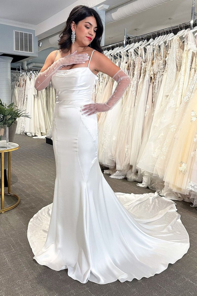 Mermaid White Cowl Neck Silk Satin Wedding Dresses Diamond White / 16