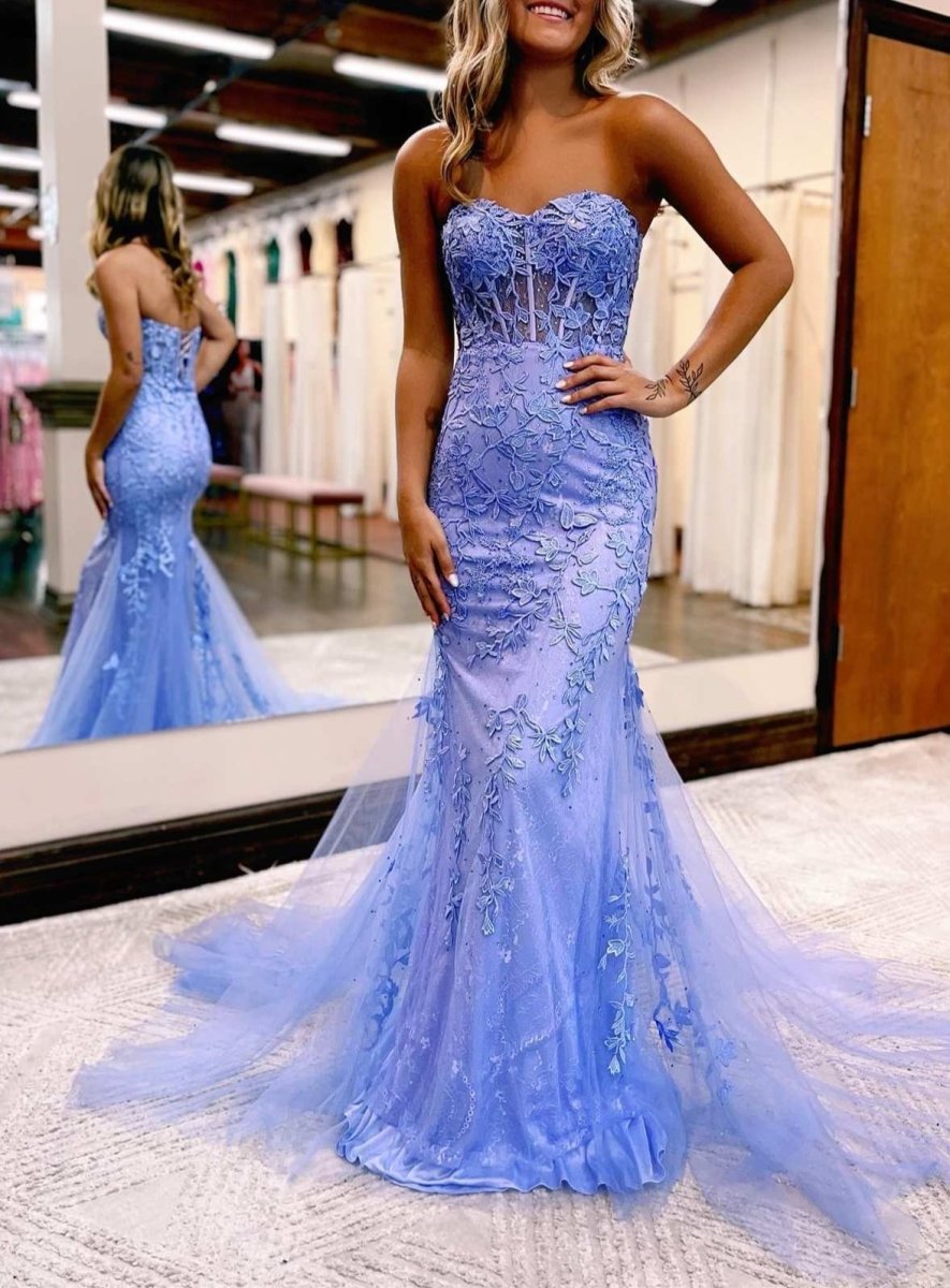 open lace back dress Tinsley Hot Pink Mermaid Sweetheart Tulle Lace Prom Dress with Appliques, Periwinkle / UK 6