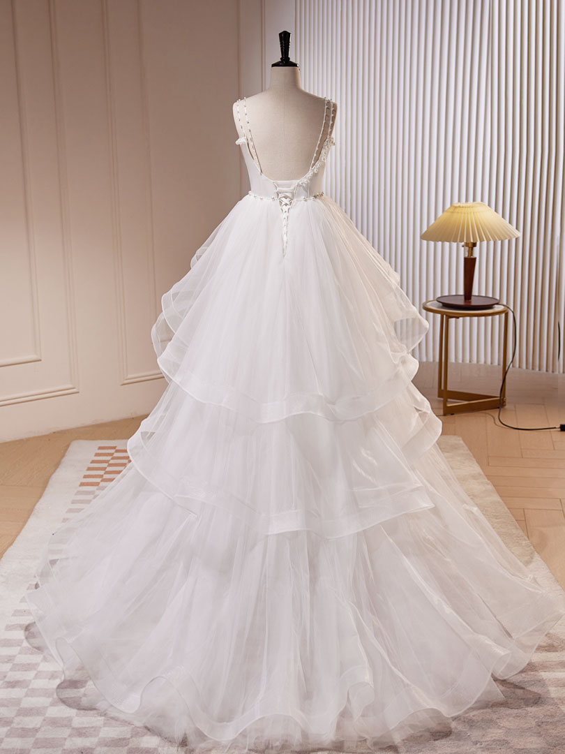 White A-Line Tulle Long Prom Dress, White Tulle Sweet Dresses