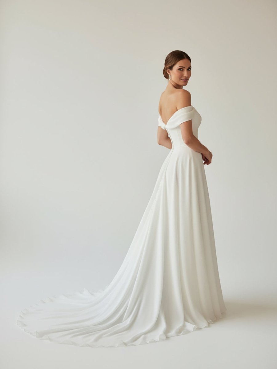 A - Line Chiffon Sleeveless Off - the - Shoulder Wedding Dress with Ruching Floor Length - KissProm