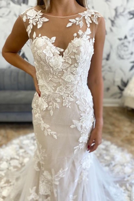 Marianna | White Illusion Neck Appliques Mermaid Long Wedding Dress - KissProm