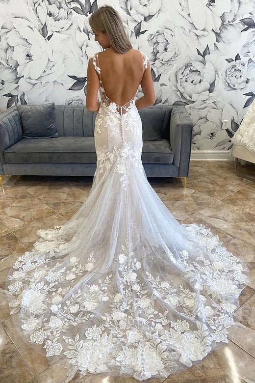 Marianna | White Illusion Neck Appliques Mermaid Long Wedding Dress - KissProm