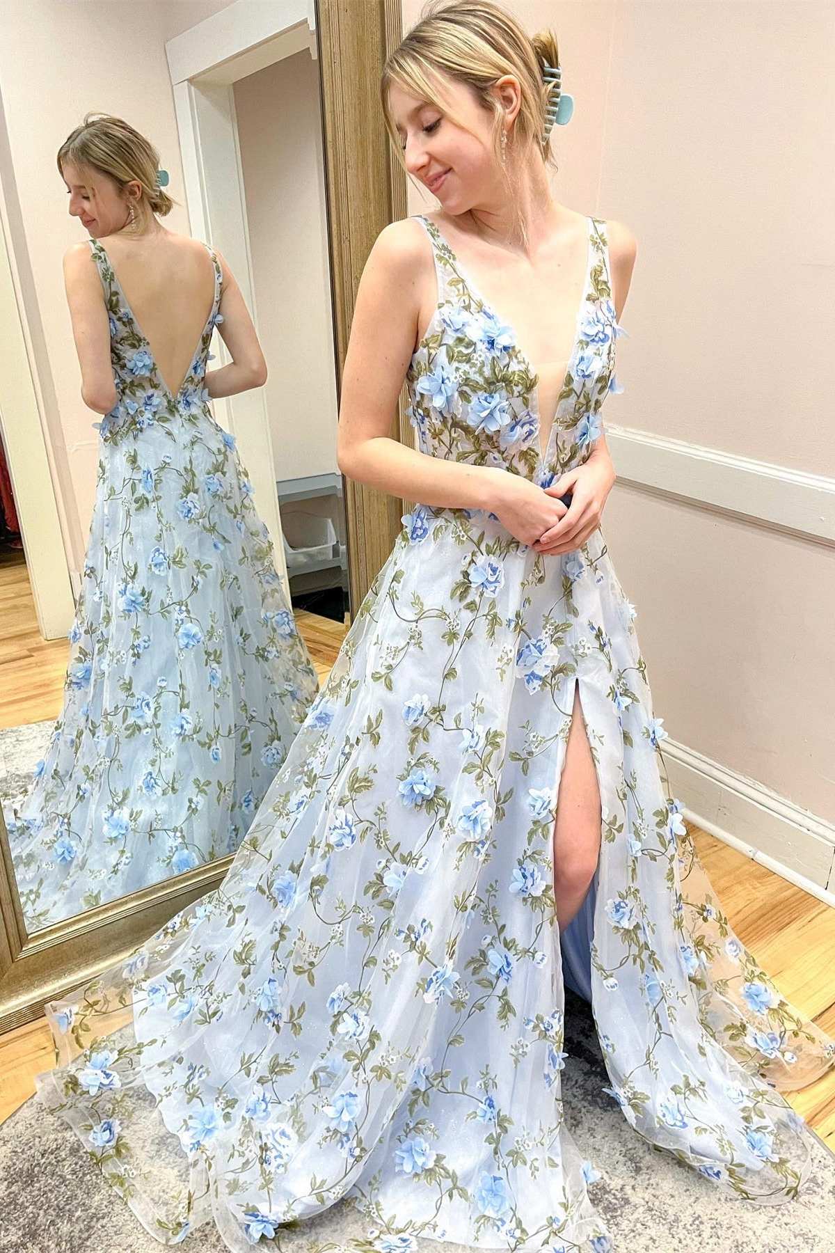 Light Blue Organza Plunge V A-Line Long Prom Dress with 3D Floral Lace