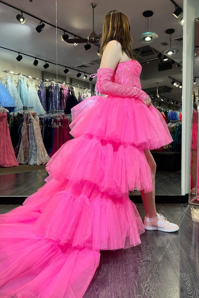 Sue | Hot Pink Off - Shoulder A - line Tulle Layers Applique Hi - Low Prom Dress - KissProm