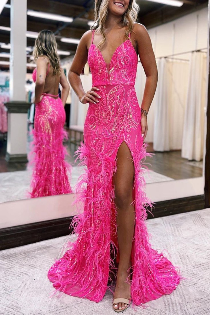 Jade Sequin Lace Spaghetti Straps Mermaid Prom Dresses with Slit, Pink / 0