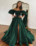 A-Line Off The Shoulder Taffeta Prom Dress With Short Puffy Sleeves – Prom Dress by KissProm | Available at KissProm