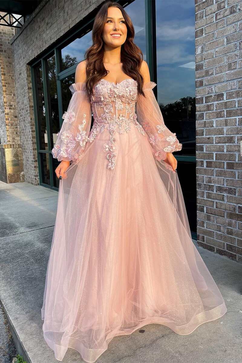 Pink Tulle Strapless A-Line Prom Dress with Balloon Sleeves