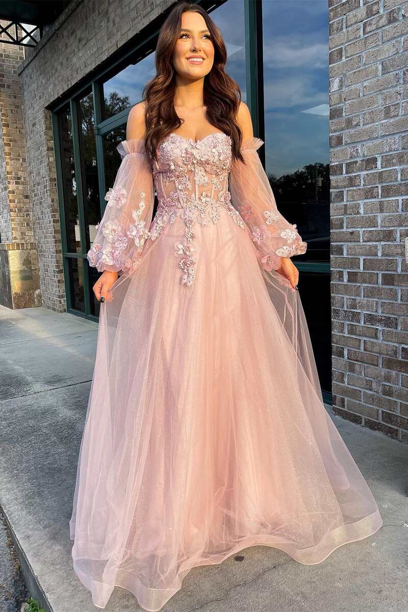 open lace back dress Pink Tulle Strapless A-Line Prom Dress with Balloon Sleeves Pink / 12
