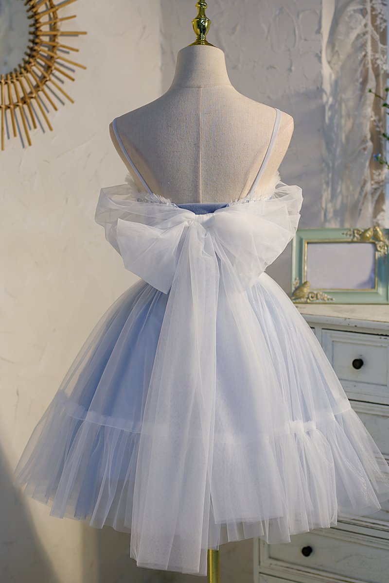 Spaghetti Straps Tulle Lace Appliques Short Prom Dresses With Bow Sky Blue / 14 Spaghetti Straps Tulle Lace Appliques Short Prom Dresses With Bow Sky Blue / 14