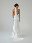 Sheath Satin Backless Halter Wedding Dress - KissProm