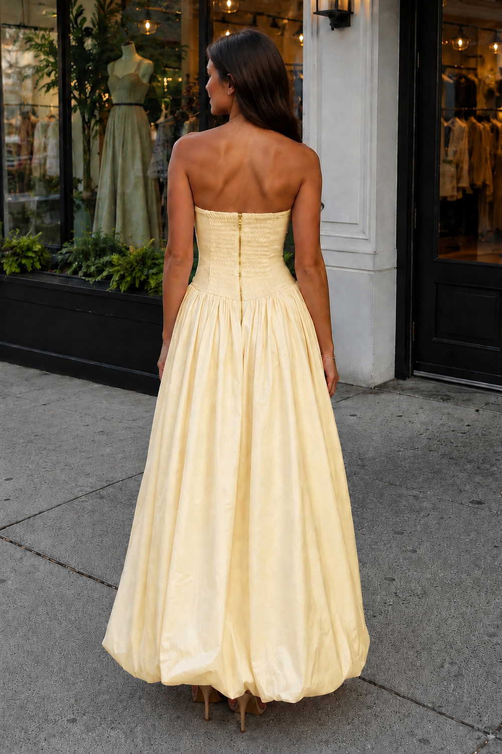 Yellow - Strapless A Line Satin Pleated Prom Dresses With Slit