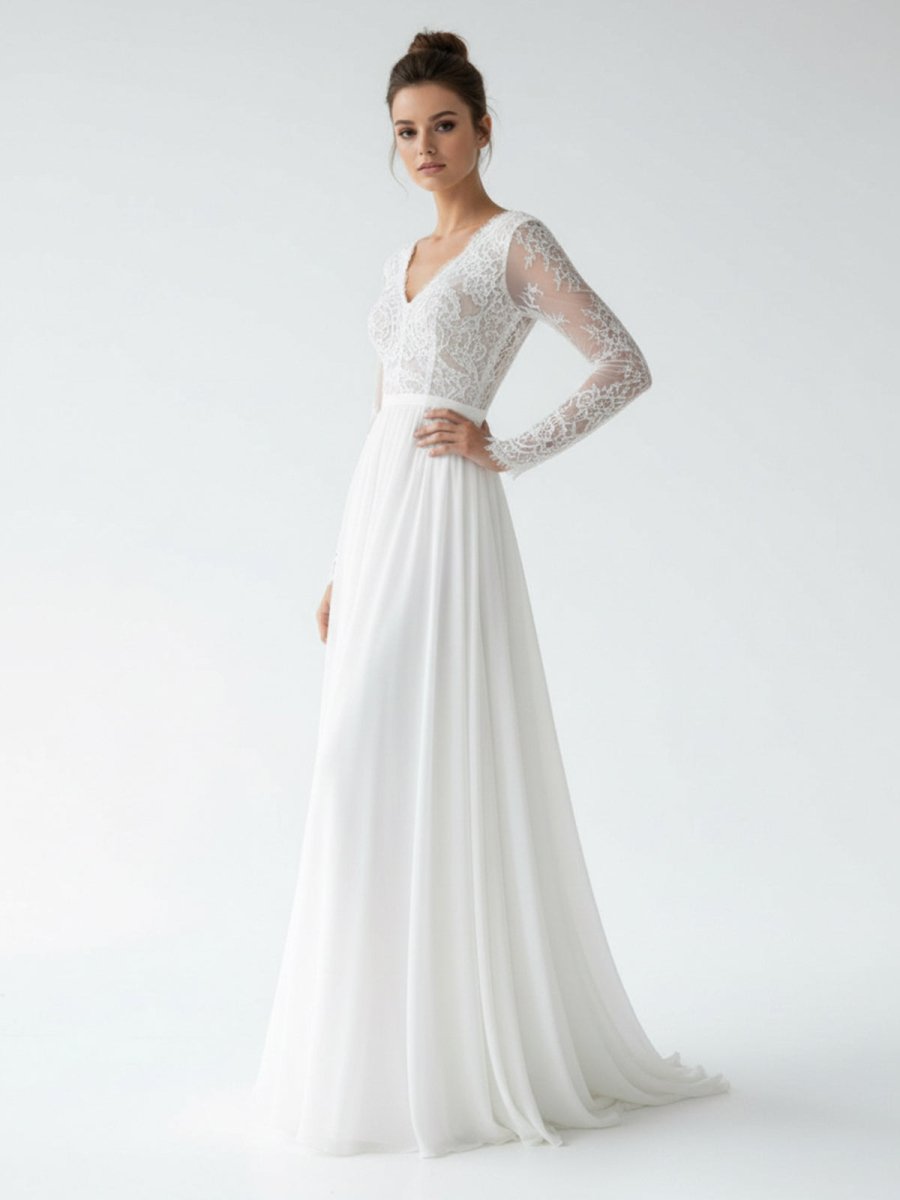 Romantic Modern A Line Floor - length Chiffon Lace V - neck Long Sleeve Wedding Dress - KissProm