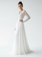 Romantic Modern A Line Floor - length Chiffon Lace V - neck Long Sleeve Wedding Dress - KissProm